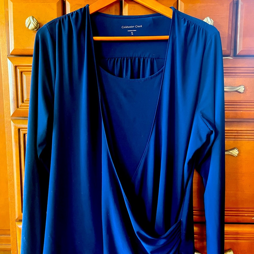 Blue draped Coldwater Creek blouse designed for slimming effect
